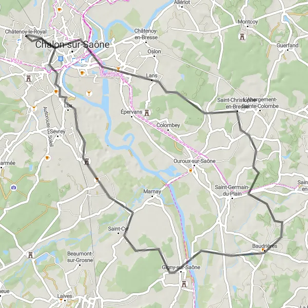 Miniature de la carte de l'inspiration cycliste "Promenade Champêtre" dans la Bourgogne, France. Générée par le planificateur d'itinéraire cycliste Tarmacs.app