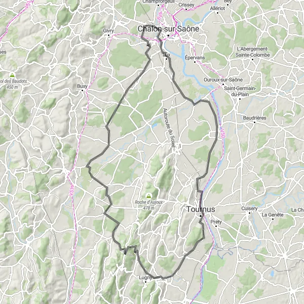 Map miniature of "Bresse Explorer" cycling inspiration in Bourgogne, France. Generated by Tarmacs.app cycling route planner