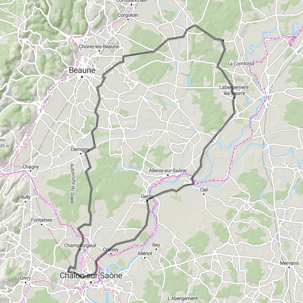 Map miniature of "The Saône Valley Ride" cycling inspiration in Bourgogne, France. Generated by Tarmacs.app cycling route planner