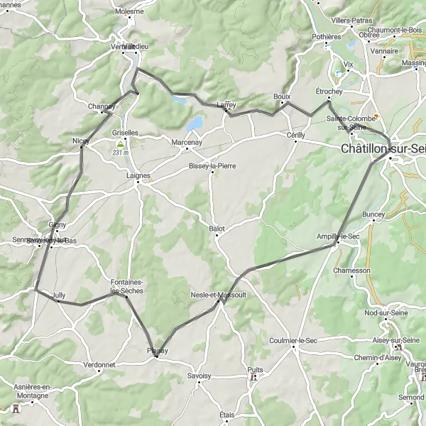Miniature de la carte de l'inspiration cycliste "Boucle à travers les villages de Bourgogne" dans la Bourgogne, France. Générée par le planificateur d'itinéraire cycliste Tarmacs.app