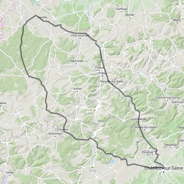 Miniature de la carte de l'inspiration cycliste "Parcours pittoresque autour de Châtillon-sur-Seine" dans la Bourgogne, France. Générée par le planificateur d'itinéraire cycliste Tarmacs.app