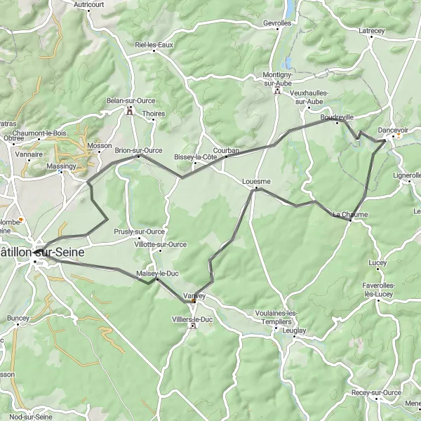 Map miniature of "Hidden Gems of Bourgogne" cycling inspiration in Bourgogne, France. Generated by Tarmacs.app cycling route planner