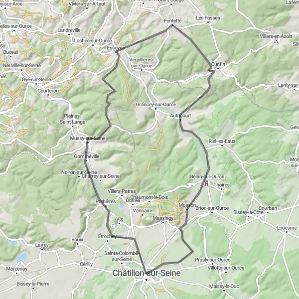 Miniature de la carte de l'inspiration cycliste "Tour du Mont Lassois" dans la Bourgogne, France. Générée par le planificateur d'itinéraire cycliste Tarmacs.app