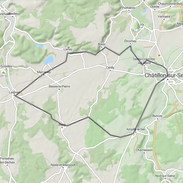 Map miniature of "Charm of Ampilly-le-Sec" cycling inspiration in Bourgogne, France. Generated by Tarmacs.app cycling route planner