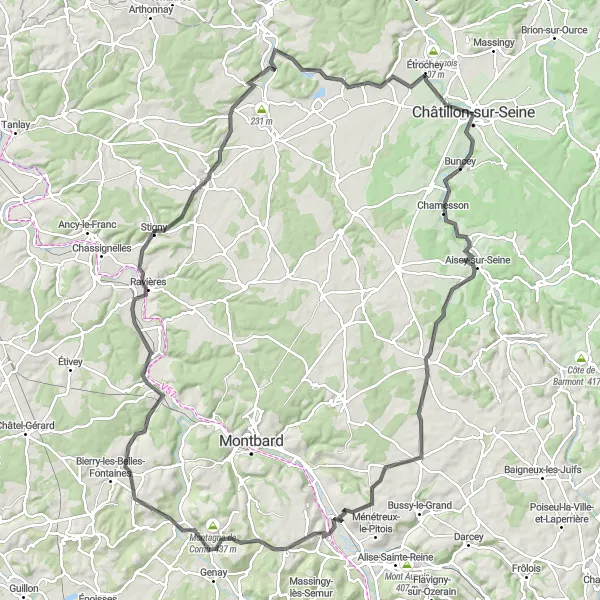 Miniature de la carte de l'inspiration cycliste "Grand Tour des Collines Bourguignonnes" dans la Bourgogne, France. Générée par le planificateur d'itinéraire cycliste Tarmacs.app