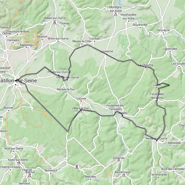 Map miniature of "Road Cycling Adventure to Leuglay" cycling inspiration in Bourgogne, France. Generated by Tarmacs.app cycling route planner