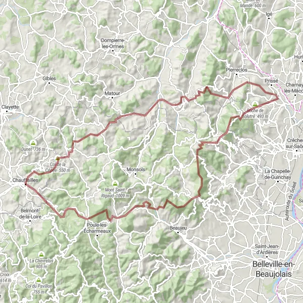 Map miniature of "Gravel Adventure through Charming Countryside near Chauffailles" cycling inspiration in Bourgogne, France. Generated by Tarmacs.app cycling route planner