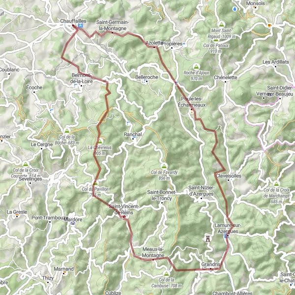 Map miniature of "Gravel Adventure in the Monts de la Madeleine" cycling inspiration in Bourgogne, France. Generated by Tarmacs.app cycling route planner