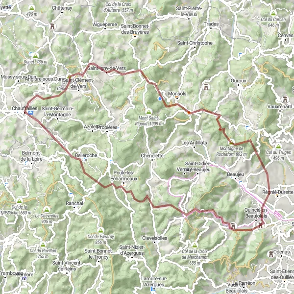 Miniature de la carte de l'inspiration cycliste "Parcours de Gravel à Monsols" dans la Bourgogne, France. Générée par le planificateur d'itinéraire cycliste Tarmacs.app