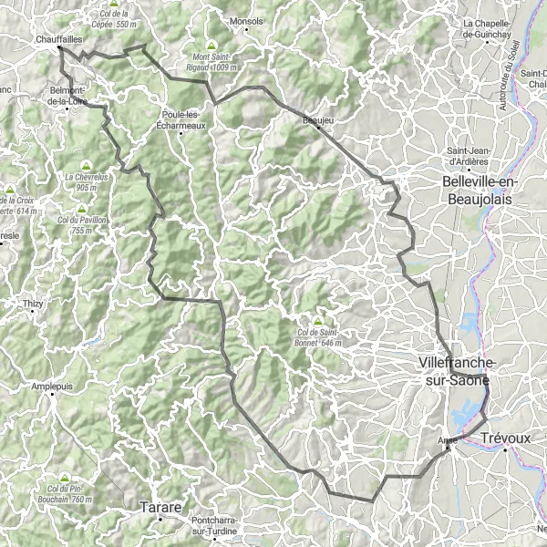 Map miniature of "Scenic Ride through the Beaujolais and Lyonnais" cycling inspiration in Bourgogne, France. Generated by Tarmacs.app cycling route planner