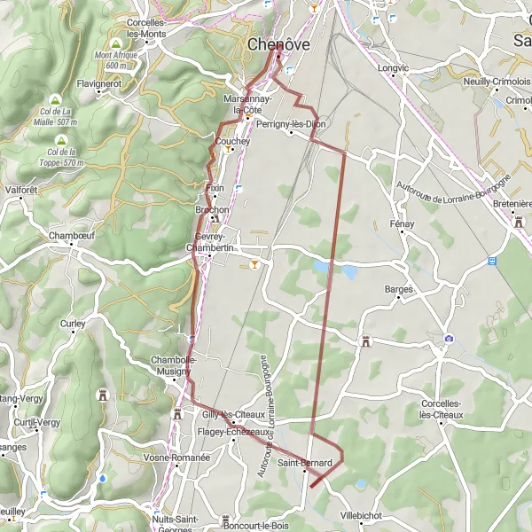 Miniature de la carte de l'inspiration cycliste "Itinéraire Gravel de Perrigny-lès-Dijon à Chenôve" dans la Bourgogne, France. Générée par le planificateur d'itinéraire cycliste Tarmacs.app