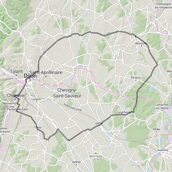 Miniature de la carte de l'inspiration cycliste "Parcours de Chenôve à Longchamp" dans la Bourgogne, France. Générée par le planificateur d'itinéraire cycliste Tarmacs.app