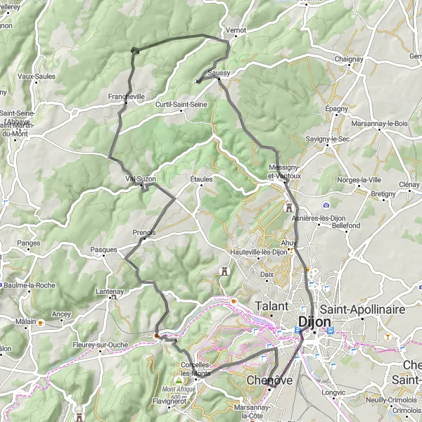 Map miniature of "The Hills of Chenôve" cycling inspiration in Bourgogne, France. Generated by Tarmacs.app cycling route planner