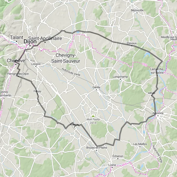 Map miniature of "The Dijon Expedition" cycling inspiration in Bourgogne, France. Generated by Tarmacs.app cycling route planner