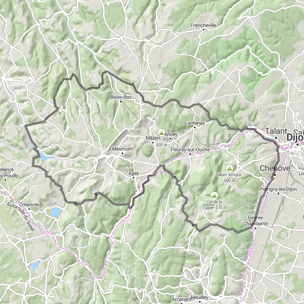 Map miniature of "Challenging Road Cycling Tour near Chenôve" cycling inspiration in Bourgogne, France. Generated by Tarmacs.app cycling route planner