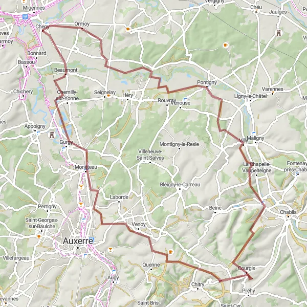 Map miniature of "Gravel Cycling Route from Cheny to Venoy" cycling inspiration in Bourgogne, France. Generated by Tarmacs.app cycling route planner