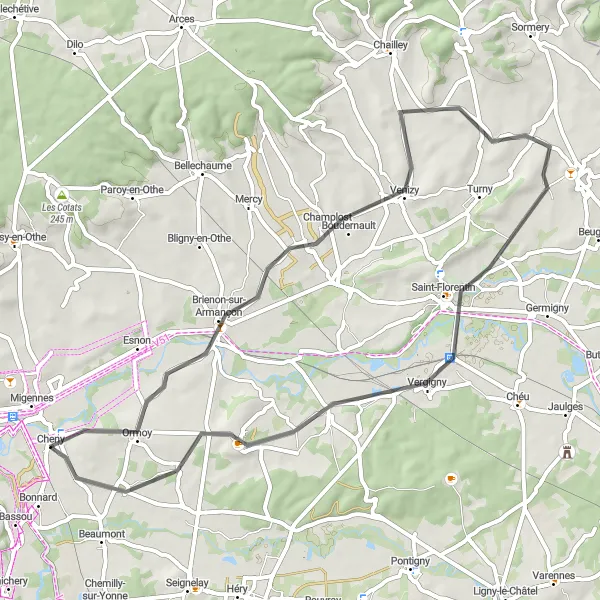 Miniature de la carte de l'inspiration cycliste "Parcours pittoresque de Cheny à Brienon-sur-Armançon" dans la Bourgogne, France. Générée par le planificateur d'itinéraire cycliste Tarmacs.app