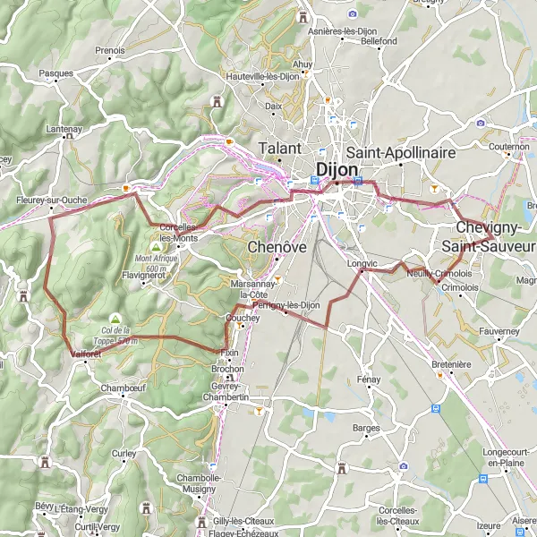 Map miniature of "Gravel Adventure through Bourgogne" cycling inspiration in Bourgogne, France. Generated by Tarmacs.app cycling route planner