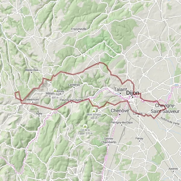Map miniature of "Gravel Exploration: Dijon's Surroundings" cycling inspiration in Bourgogne, France. Generated by Tarmacs.app cycling route planner