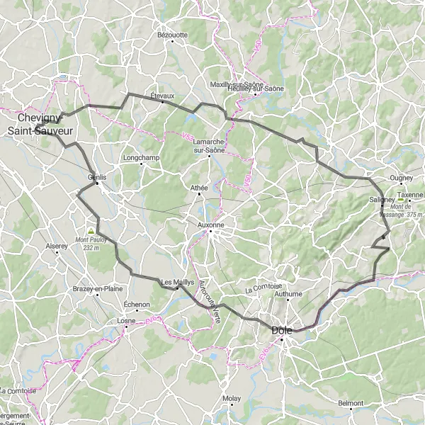 Miniature de la carte de l'inspiration cycliste "Parcours des Vallées de la Saône" dans la Bourgogne, France. Générée par le planificateur d'itinéraire cycliste Tarmacs.app