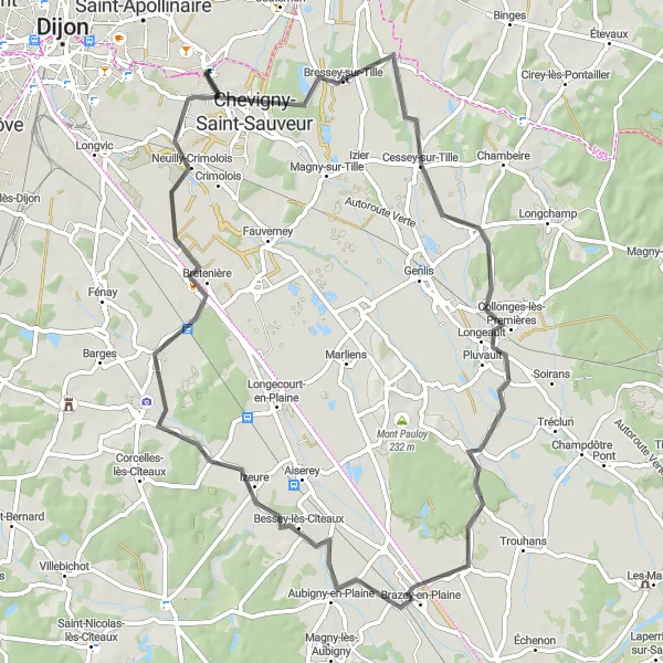 Map miniature of "Chevigny Loop" cycling inspiration in Bourgogne, France. Generated by Tarmacs.app cycling route planner