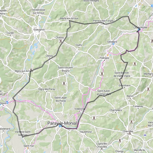 Map miniature of "Saint-Bonnet-de-Vieille-Vigne Route" cycling inspiration in Bourgogne, France. Generated by Tarmacs.app cycling route planner