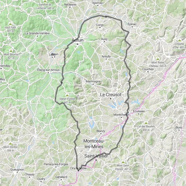 Map miniature of "Sanvignes-les-Mines Circuit" cycling inspiration in Bourgogne, France. Generated by Tarmacs.app cycling route planner