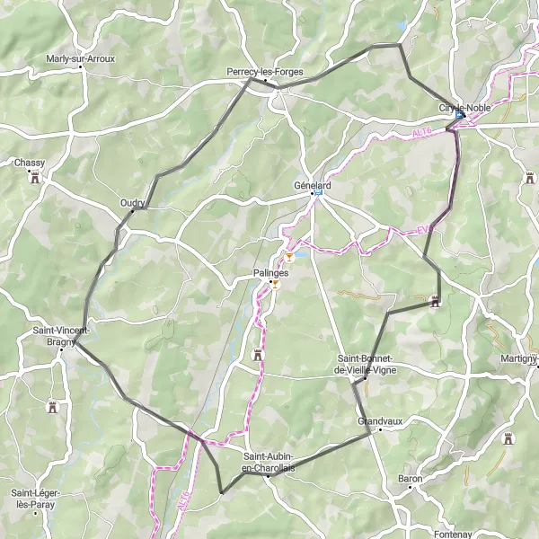 Miniature de la carte de l'inspiration cycliste "Boucle des Vignobles" dans la Bourgogne, France. Générée par le planificateur d'itinéraire cycliste Tarmacs.app
