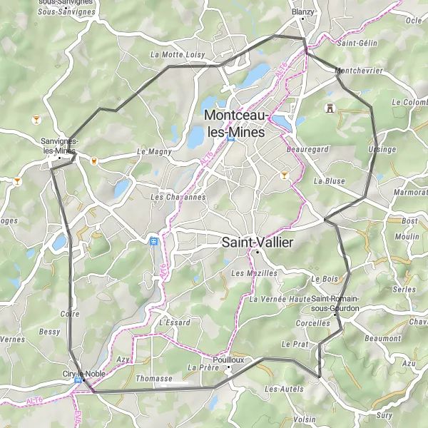 Map miniature of "Sanvignes-les-Mines Loop" cycling inspiration in Bourgogne, France. Generated by Tarmacs.app cycling route planner