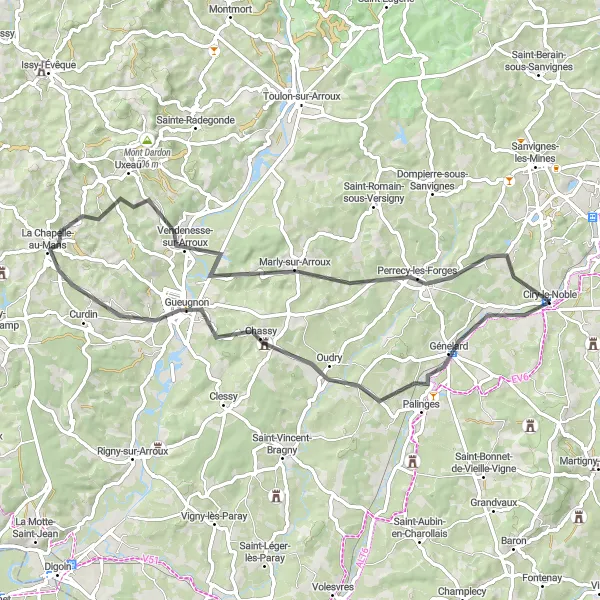 Miniature de la carte de l'inspiration cycliste "Tour de la Vallée de l'Arroux" dans la Bourgogne, France. Générée par le planificateur d'itinéraire cycliste Tarmacs.app