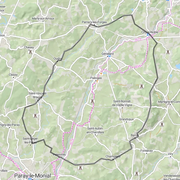 Map miniature of "Chiry-le-Noble Route" cycling inspiration in Bourgogne, France. Generated by Tarmacs.app cycling route planner