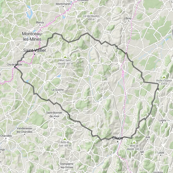 Map miniature of "Countryside and Mountain Adventure" cycling inspiration in Bourgogne, France. Generated by Tarmacs.app cycling route planner