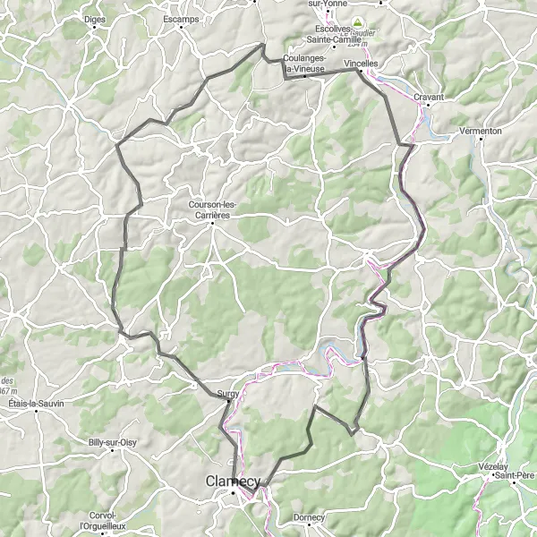 Map miniature of "Castles and Charming Villages" cycling inspiration in Bourgogne, France. Generated by Tarmacs.app cycling route planner