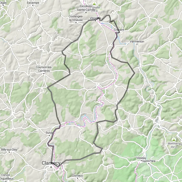 Miniature de la carte de l'inspiration cycliste "Les Charmes de l'Yonne" dans la Bourgogne, France. Générée par le planificateur d'itinéraire cycliste Tarmacs.app