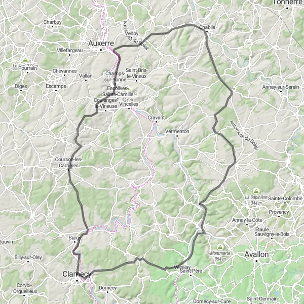 Map miniature of "Road Route across Chablis and Vézelay" cycling inspiration in Bourgogne, France. Generated by Tarmacs.app cycling route planner