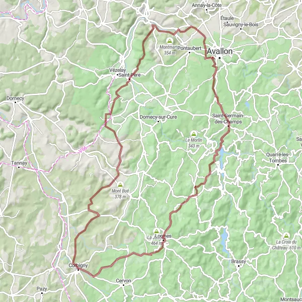 Map miniature of "Gravel Adventure in Vézelay" cycling inspiration in Bourgogne, France. Generated by Tarmacs.app cycling route planner