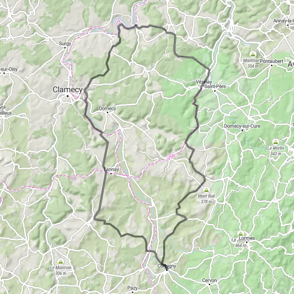 Map miniature of "Charming Villages and Vineyards" cycling inspiration in Bourgogne, France. Generated by Tarmacs.app cycling route planner