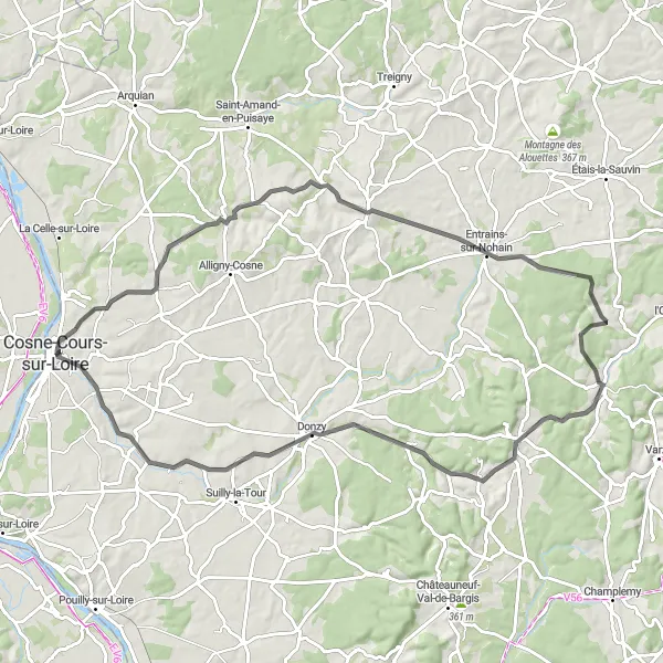 Miniature de la carte de l'inspiration cycliste "Les collines bucoliques en vélo" dans la Bourgogne, France. Générée par le planificateur d'itinéraire cycliste Tarmacs.app