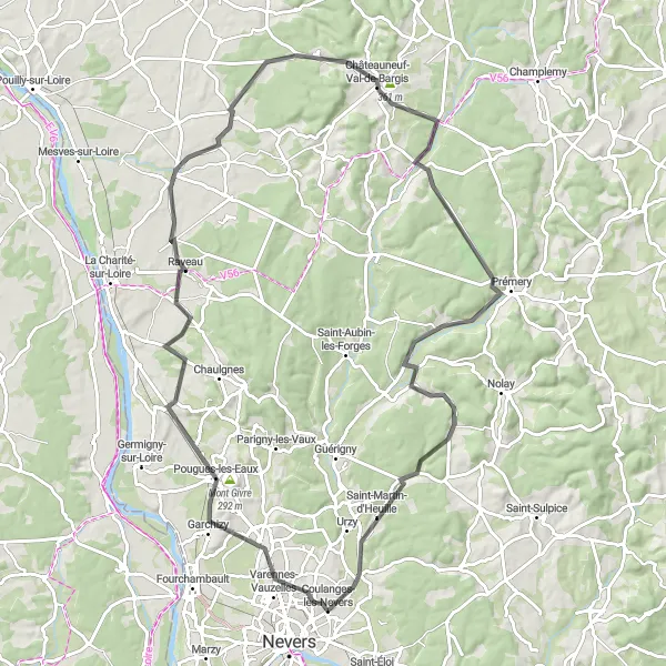 Miniature de la carte de l'inspiration cycliste "Parcours pittoresque autour de Prémery" dans la Bourgogne, France. Générée par le planificateur d'itinéraire cycliste Tarmacs.app