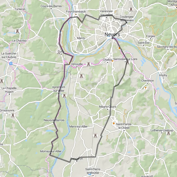 Map miniature of "Countryside Road Tour" cycling inspiration in Bourgogne, France. Generated by Tarmacs.app cycling route planner