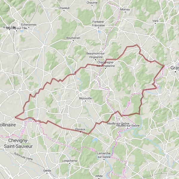 Map miniature of "Challenging gravel route exploring Varois-et-Chaignot, Noiron-sur-Bèze, Nantilly, Mantoche, Drambon, and Fort de Varois" cycling inspiration in Bourgogne, France. Generated by Tarmacs.app cycling route planner