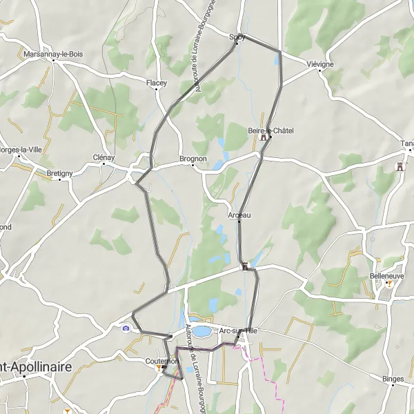 Map miniature of "Circuit around Couternon through Orgeux, Arceau, Arc-sur-Tille and Couternon" cycling inspiration in Bourgogne, France. Generated by Tarmacs.app cycling route planner