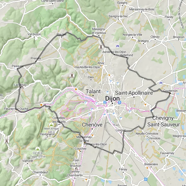 Map miniature of "Circumnavigating Couternon and exploring Sennecey-lès-Dijon, Marsannay-la-Côte, Château de Lantenay, Prenois, Le balcon Suzon, Asnières-lès-Dijon, and Varois-et-Chaignot" cycling inspiration in Bourgogne, France. Generated by Tarmacs.app cycling route planner