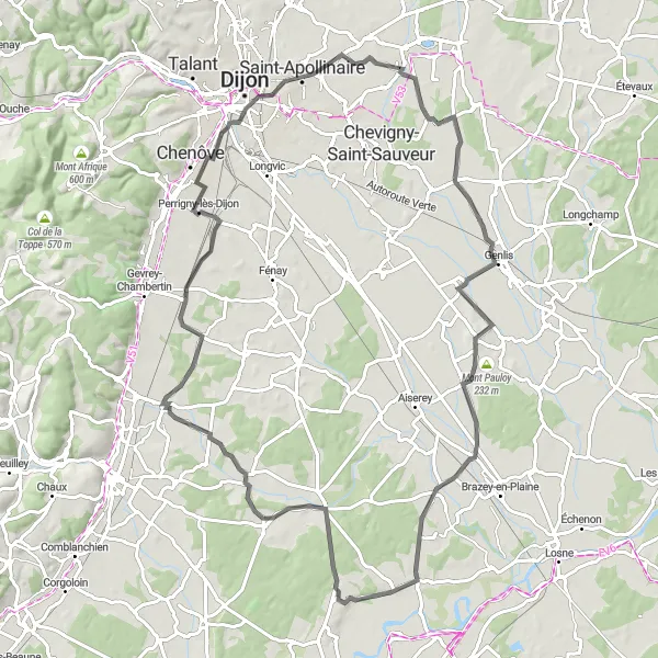 Map miniature of "Exploring the Dijon hinterland" cycling inspiration in Bourgogne, France. Generated by Tarmacs.app cycling route planner