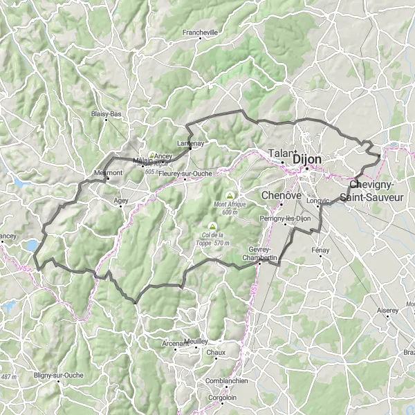 Map miniature of "Challenging Dijon to Commarin Loop" cycling inspiration in Bourgogne, France. Generated by Tarmacs.app cycling route planner