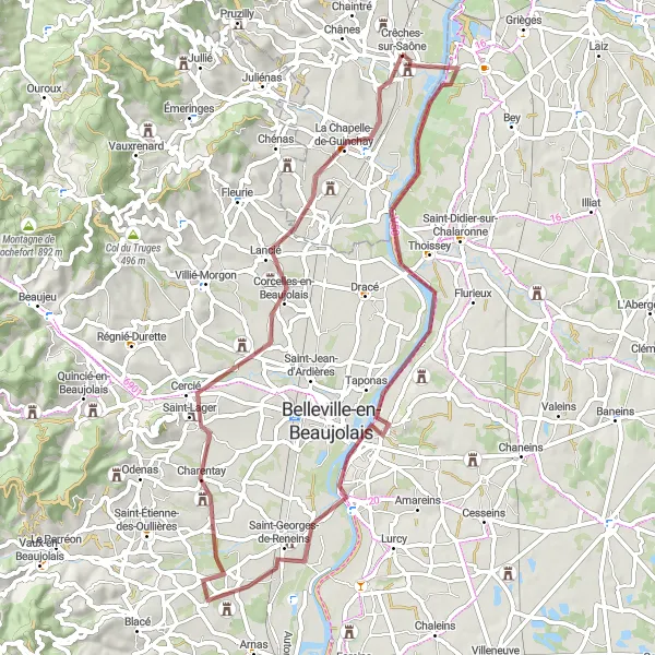 Miniature de la carte de l'inspiration cycliste "Gravel Adventure to Charentay" dans la Bourgogne, France. Générée par le planificateur d'itinéraire cycliste Tarmacs.app