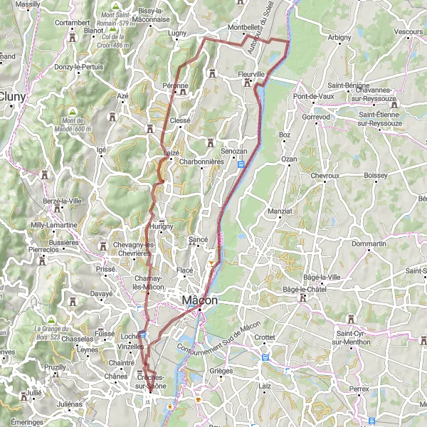 Miniature de la carte de l'inspiration cycliste "Scenic Gravel Trail to Château d'Estours" dans la Bourgogne, France. Générée par le planificateur d'itinéraire cycliste Tarmacs.app