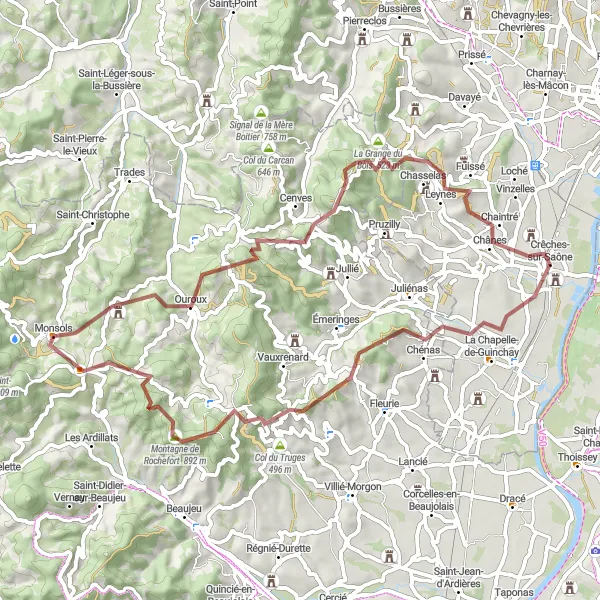 Miniature de la carte de l'inspiration cycliste "Ultimate Gravel Adventure to Chaintré" dans la Bourgogne, France. Générée par le planificateur d'itinéraire cycliste Tarmacs.app