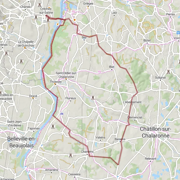 Miniature de la carte de l'inspiration cycliste "Les Coteaux de Bourgogne Gravel Adventure" dans la Bourgogne, France. Générée par le planificateur d'itinéraire cycliste Tarmacs.app