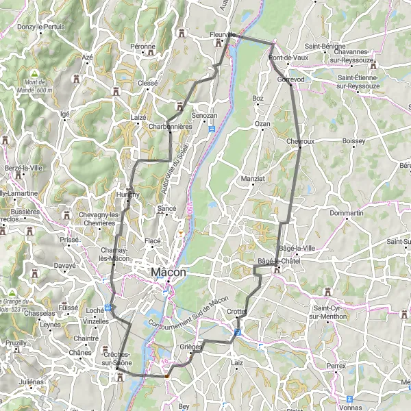 Miniature de la carte de l'inspiration cycliste "Parcours des Vignobles Road Ride" dans la Bourgogne, France. Générée par le planificateur d'itinéraire cycliste Tarmacs.app